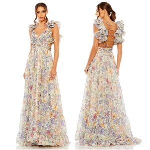 Mac Duggal 68517 Flutter Sleeve Chiffon Maxi Dress Size 8 Floral Multi